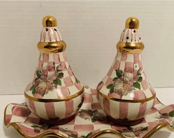 Mackenzie Childs Pottery Pink gold Honeymoon Salt and pepper shakers rose petal ceramic pottery - more available, other colors / styles