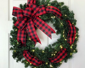 Buffalo Plaid Christmas Wreath, Buffalo Plaid Evergreen Wreath, Mini Pine Wreath, Plaid Winter Wreath, Lighted Christmas Wreath, Plaid Pine