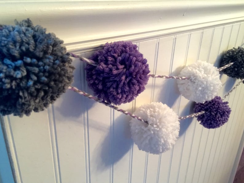 Pom pom garland yarn garland purple and gray decor nursery Etsy