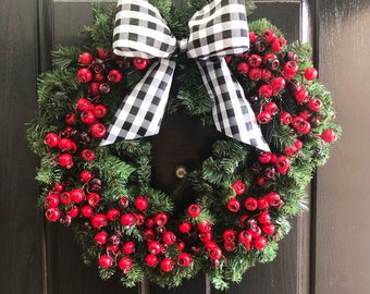 Cranberry and Pine Wreath, Buffalo Plaid Christmas Wreath, Plaid Evergreen Wreath, Plaid Winter Wreath, Christmas Cranberry Wreath