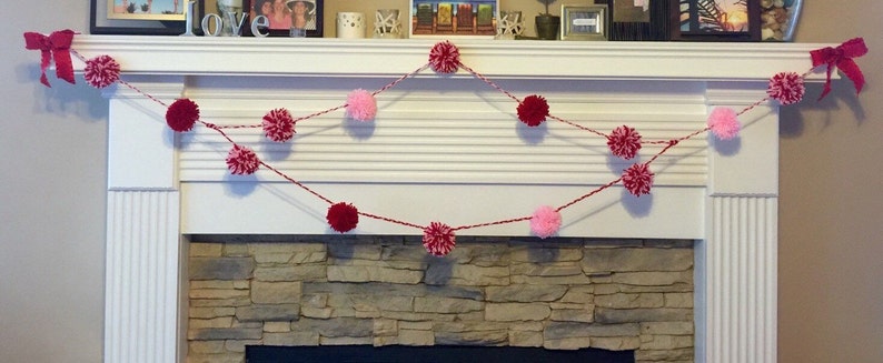 Valentine Garland, Pom Pom Garland, Modern Valentine Decor, Red and Pink Garland, Yarn Garland, Nursey Decor, Valentine Decoration, image 5