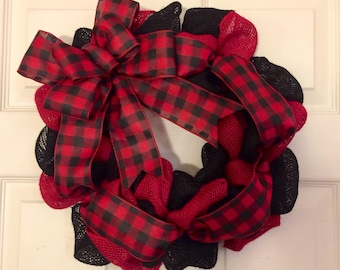 Buffalo Plaid Wreath, Buffalo Plaid Burlap Wreath, Mini Burlap Wreath, Christmas Decor, Red and Black Christmas Wreath, Christmas Wreath