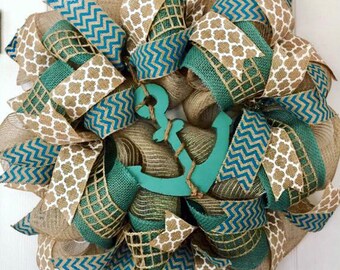 Nautical Wreath, Summer Wreath, Anchor Wreath, Teal Burlap Wreath, Summer Burlap Wreath, Nautical Decor, Beach House Wreath, Anchor Decor