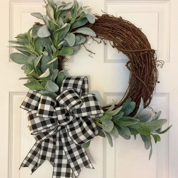 Lambs Ear Wreath, Farmhouse Fall Wreath, Buffalo Plaid Fall Wreath, Farmhouse Spring Wreath, Neutral Fall Wreath, Winter Farmhouse Wreath