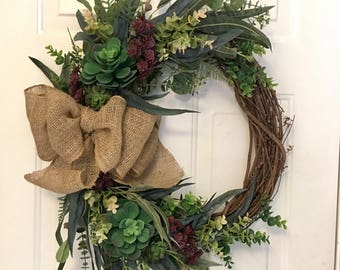 Succulent Wreath, Grapvine Succulent Wreath, Rustic Anytime Wreath