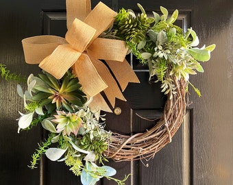Succulent Wreath, Grapvine Succulent Wreath, Lambs Ear Wreath, Greenery Wreath, Year Round Wreath, Rosemary Wreath