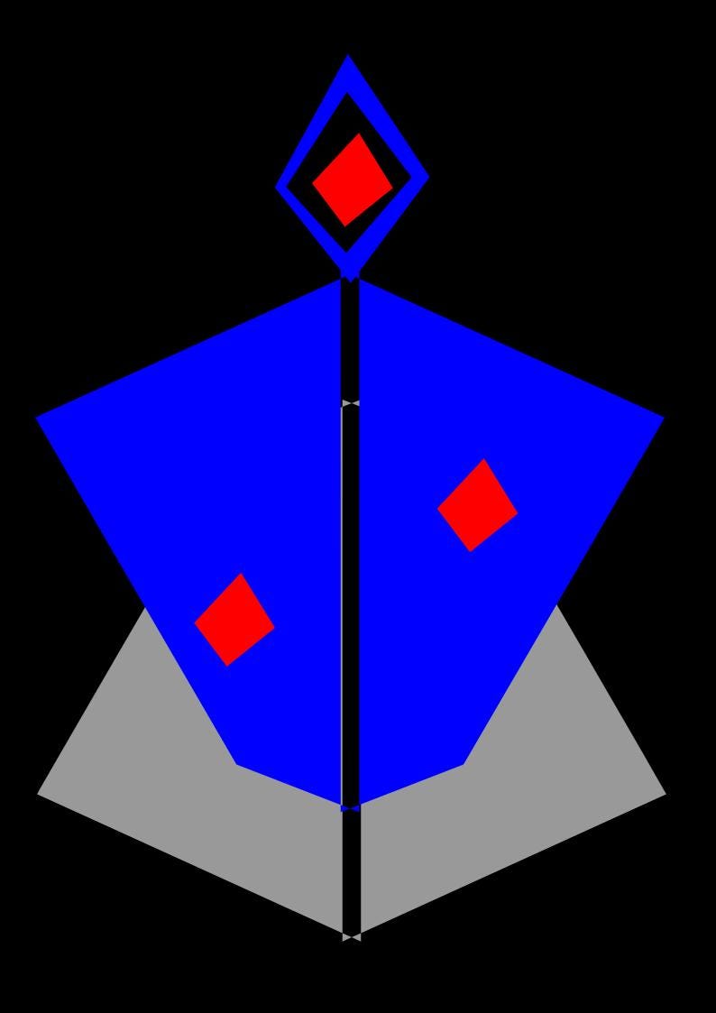Puede incluir: Una forma de diamante azul con tres cuadrados rojos en su interior. El diamante est&aacute; encima de una forma de diamante azul m&aacute;s grande con una base gris.