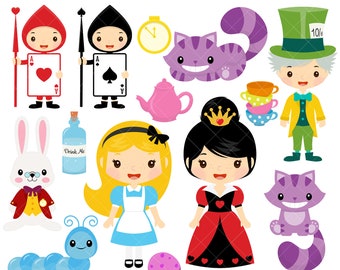 May include: Alice in Wonderland themed clip art set featuring characters like Alice, the Queen of Hearts, the Mad Hatter, the Cheshire Cat, and the White Rabbit. The set also includes a bottle labeled "Drink Me", a caterpillar, a teacup, and a clock.