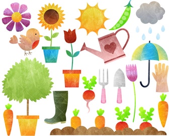 Spring Garden Clipart / Gardening Clip Art / Watercolor Clipart