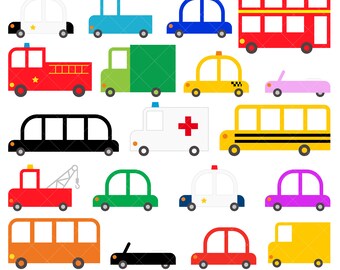 Lindos coches, camiones y autobuses imágenes prediseñadas | Coche de policía de Clip Art | Camión de bomberos | Ambulancia | Autobús escolar | Taxi | Coche de bomberos