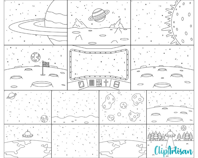 Space Background Scenes Clip Art, Astronaut Busy Book Pages, Mars, Moon, Solar System Background, PNG, Instant Download, 0039 image 1