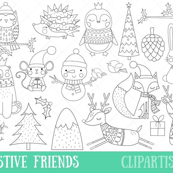 Christmas Animals Clipart | Festive Friends Digital Stamps | Christmas Fox | Bear | Merry Christmas Line Art | EPS