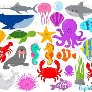 Meer Kreaturen Clipart, unter dem Meer ClipArt, Wal, Hai, Schildkröte, Krabbe, Seepferdchen, Oktopus, Quallen