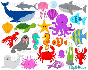 Sea Creatures Clipart, Under the Sea Clip Art, Whale, Shark, Turtle, Crab, Seahorse, Octopus, Jellyfish