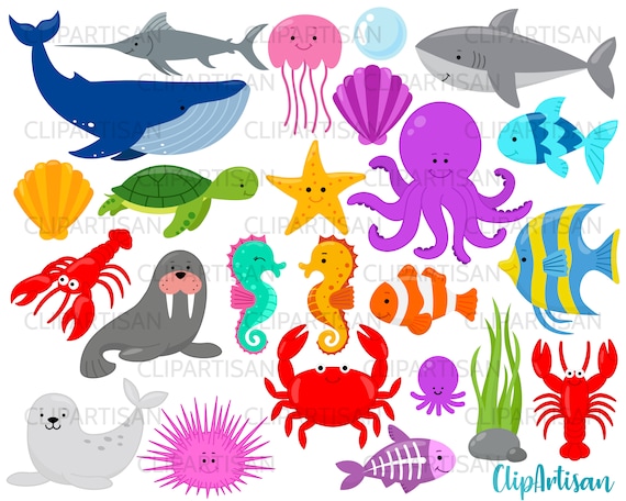 Sea Creatures Clipart, Under the Sea Clip Art, Whale, Shark, Turtle, Crab,  Seahorse, Octopus, Jellyfish
