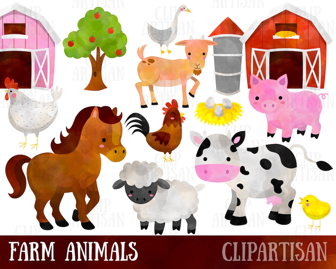 Watercolor Farm Animals Clipart, Watercolor Horse, Chicken, Pig, Cow - Etsy
