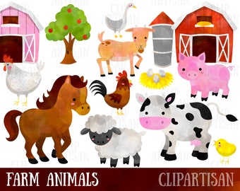 Watercolor Farm Animals Clipart, Watercolor Horse, Chicken, Pig, Cow