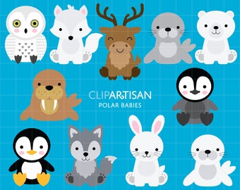 May include: A set of 10 adorable cartoon illustrations of baby animals from the Arctic. The animals include a polar bear, a penguin, a walrus, a seal, a reindeer, a fox, a wolf, an owl, and a rabbit. The illustrations are in a cute, cartoon style and are perfect for use in children's books, educational materials, or for creating fun and whimsical designs.