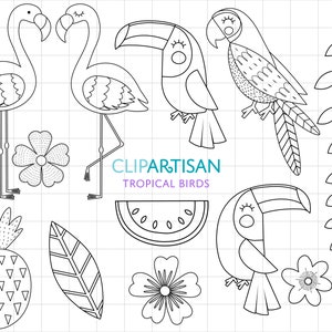 Tropical Clipart Digital Stamps | Tropical Birds Clip Art | Flamingo | Toucan | Parrot | Pineapple | Tropical Line Art | PNG | EPS | PDF