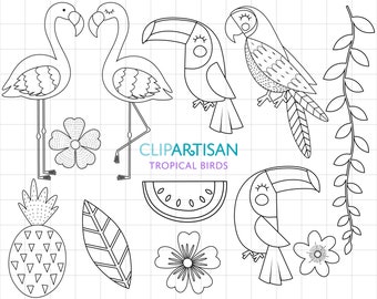 Tropical Clipart Digital Stamps | Tropical Birds Clip Art | Flamingo | Toucan | Parrot | Pineapple | Tropical Line Art | PNG | EPS | PDF