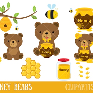 May include: A set of digital clipart featuring cute brown bears with honey pots, a honeycomb, a jar of honey, and bees. The text "Honey Bears" and "Clipartisan" are included in the image.