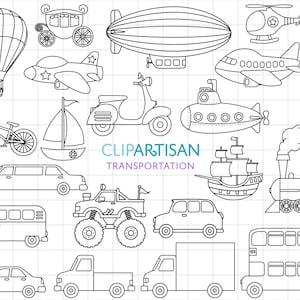 May include: A black and white line drawing illustration of various modes of transport, including a hot air balloon, a plane, a car, a train, a boat, a submarine, a helicopter, a rocket, a scooter, a bicycle, a bus, a truck, a limousine, a monster truck, a carriage, an airship, and a sailboat. The illustration is on a white background with a grid pattern.
