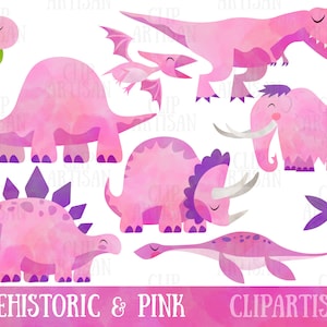 Acquerello dinosauro clipart, rosa preistorico animale clip art, T Rex, Diplodocus, Stegosaurus, Pterodactyl, Triceratops, Mammut