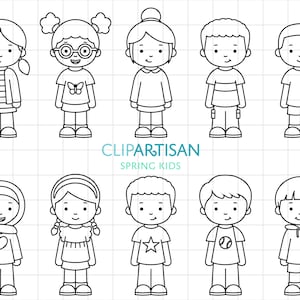 Cartoon Kids Clipart, Clipart de niños en edad escolar, Niños lindos con ropa de primavera, Clipart de niña, Clip Art para niños, PNG, SVG, 0044