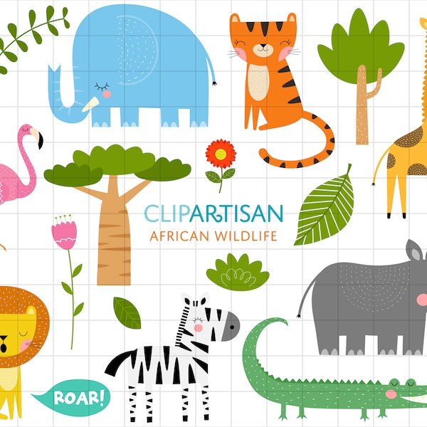 African Animals Clipart | Safari Animals | Wildlife Clip Art | Crocodile, Elephant, Flamingo, Giraffe, Lion, Rhino, Tiger, Zebra