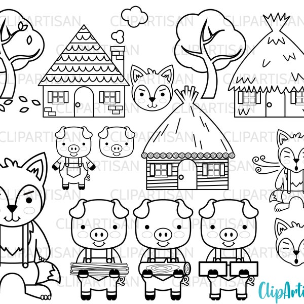 Trois petits cochons Timbres numériques, Clip Art de conte de fées, Illustration Big Bad Wolf PNG SVG