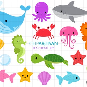 Clipart de criaturas do mar | Sob o mar Clip Art | Baleia | Tubarão | Tartaruga | Caranguejo | Cavalo marinho | Polvo | Medusa