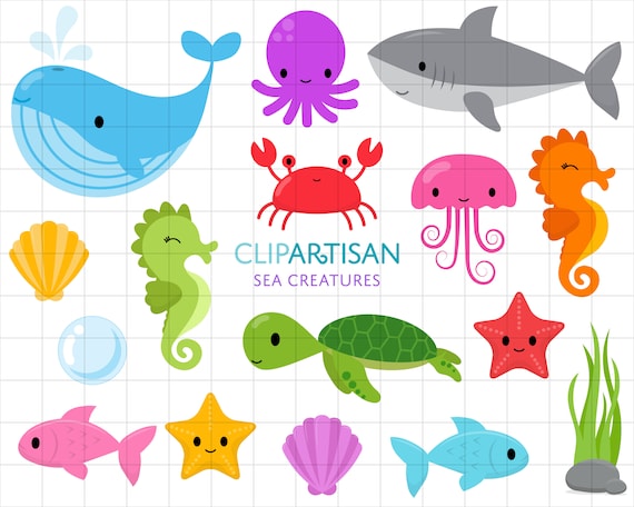 Sea Creatures Clipart | Under the Sea Clip Art | Whale | Shark | Turtle |  Crab | Seahorse | Octopus | Jellyfish