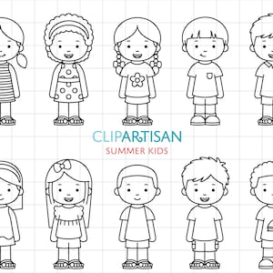 Cartoon Kids Clipart, Clipart de niños en edad escolar, Niños lindos con ropa de verano, Clipart de niña, Clip Art de niño, PNG, SVG, 0043