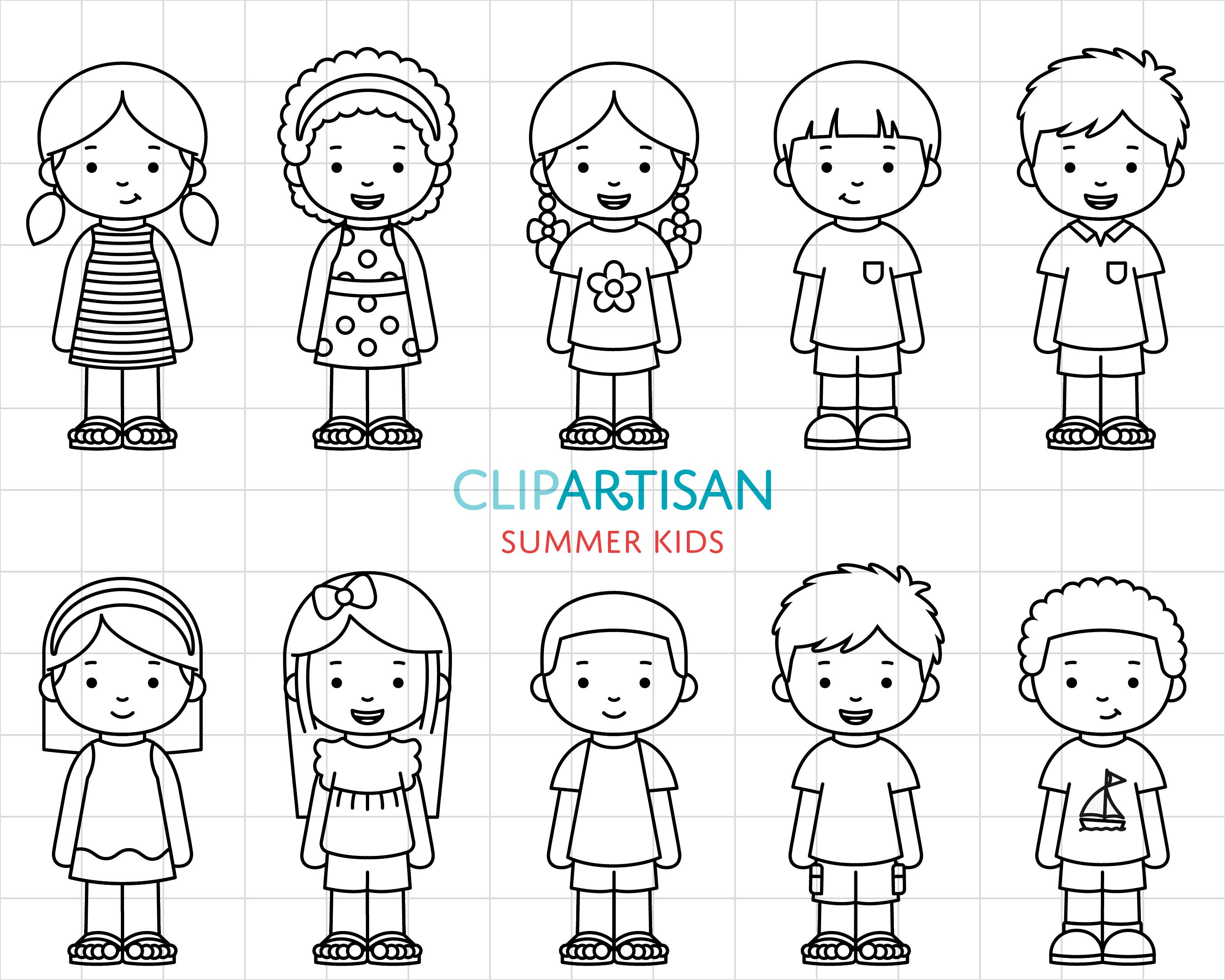 Cartoon Kids Clipart, School Children Clipart, Cute Kids in Summer Clothes, Girl Clipart, Boy Clip Art, PNG, SVG, 0043
