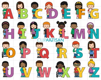 Kids Alphabet Clipart, A to Z Uppercase Digital Stamps, Kids Holding Letters, Back to School ABC Printable Art,  PNG, SVG, 0047