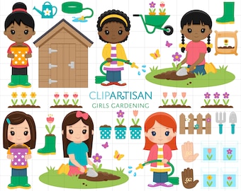 Gardening Clipart, Girls Gardening Digital Stamps, Girl and Boy Spring Garden Clip Art, Spring Flowers, SVG, PNG, Instant Download, 0056