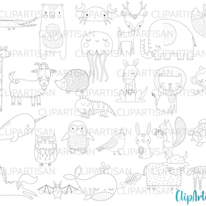 Animals of the Alphabet Clipart Bundle | A to Z Animals Digital Stamps | Cute Nursery Black and White Line Art