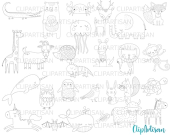 Animals of the Alphabet Clipart Bundle | A to Z Animals Digital Stamps | Cute Nursery Black and White Line Art