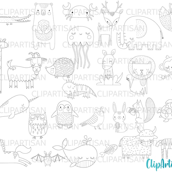 Animals of the Alphabet Clipart Bundle | A to Z Animals Digital Stamps | Cute Nursery Black and White Line Art