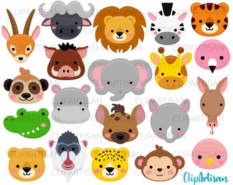 African Animal Faces Clipart, Safari Baby Animals, Jungle Animals, Zoo Mask, PNG, INSTANT DOWNLOAD