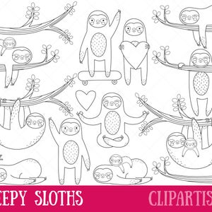 Faultier Clipart | Süße Faultiere Linie Kunst | Digitale Briefmarken | EPS