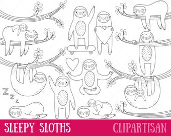 Sloth Clipart | Cute Sloths Line Art | Digital Stamps | EPS