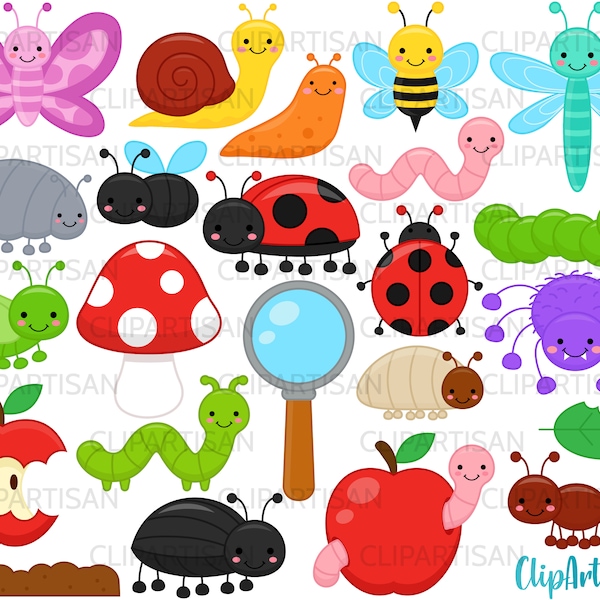 Bugs Clip Art, Cute Crawling Insects Illustrations, Butterfly, Caterpillar, Dragonfly, Bee, Ladybug, Spider, PNG, Commercial Use