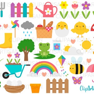 Spring Clipart, Springtime Favorites Clip Art, Floral, Rainbow, Spring Flowers, Raincloud, Bee, SVG, PNG, Instant Download, 0037