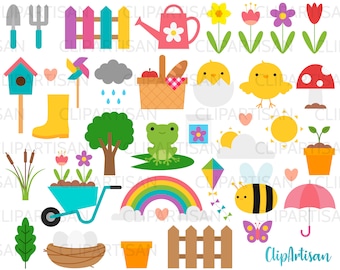 Spring Clipart, Springtime Favorites Clip Art, Floral, Arc-en-ciel, Fleurs de printemps, Raincloud, Abeille, SVG, PNG, Téléchargement instantané, 0037