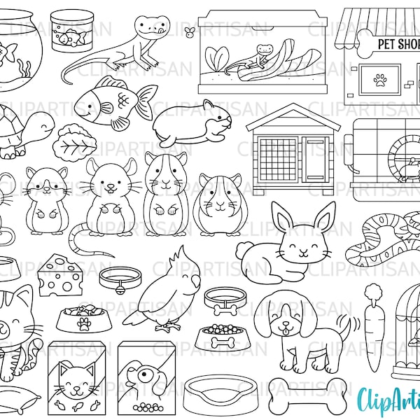 Pets Clipart, Pet Shop Digital Stamps, Cute Pets, Puppy, Kitten, Cat, Dog, Cockatiel, Hamster, Goldfish INSTANT DOWNLOAD 0008