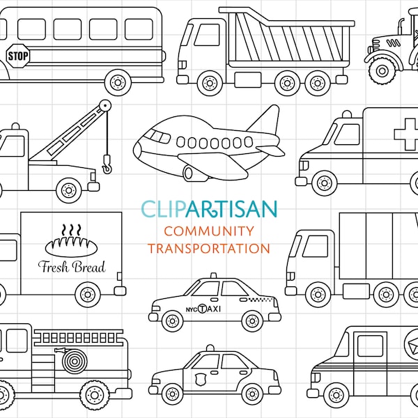 Community Transportation Digital Stamps, Vehicles Line Art PNG, SVG