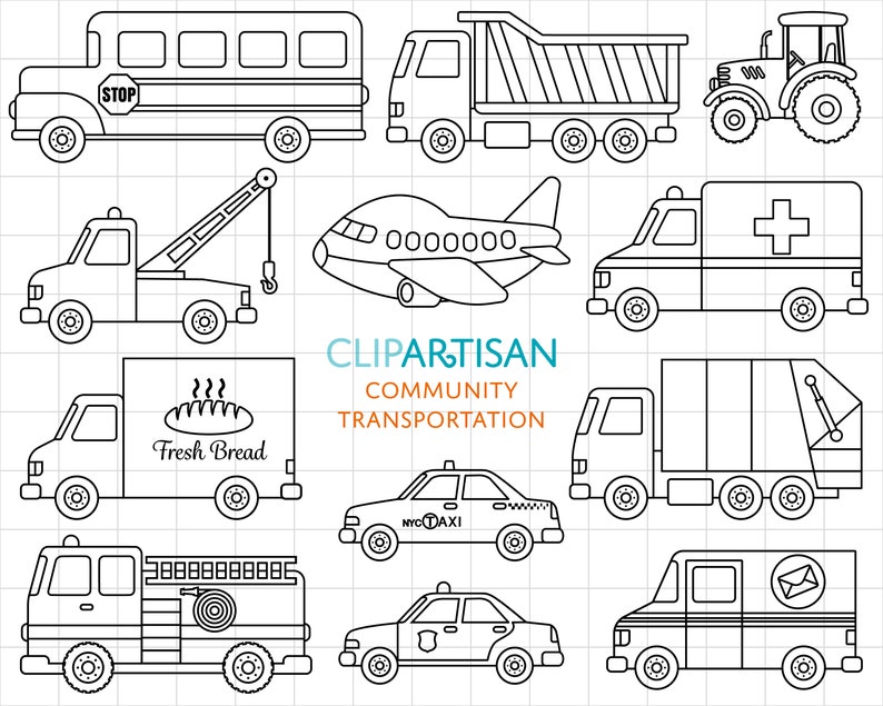 Community Transportation Digital Stamps, Vehicles Line Art PNG, SVG image 1