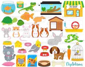 May include: A set of colorful pet-themed clipart illustrations, including a pet shop, a cage, a bowl, a bone, a cat, a dog, a turtle, a fish, a hamster, a rabbit, a snake, a lizard, a bird, and a mouse.