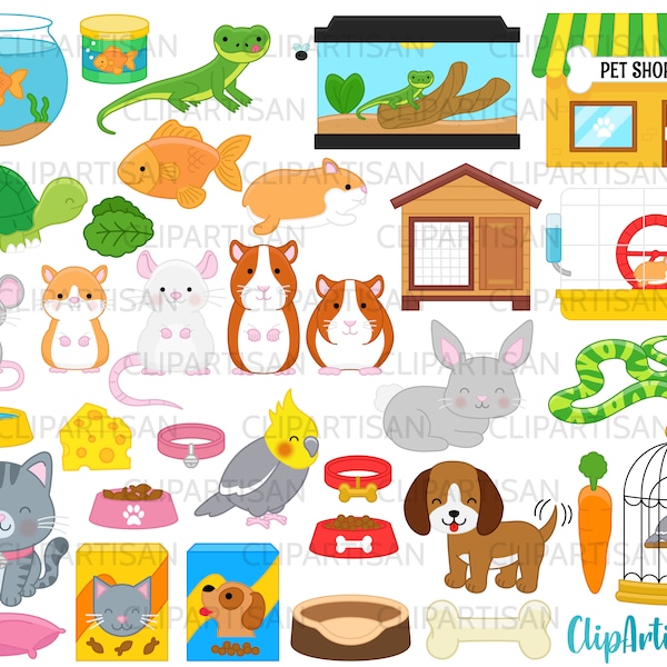 Pets Clipart, Pet Shop Clip Art, Cute Pets, Puppy, Kitten, Cat, Dog, Cockatiel, Hamster, Goldfish INSTANT DOWNLOAD 0008